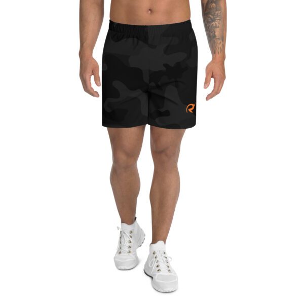 Black Camo Athletic Long Shorts with Vortex Orange Logo